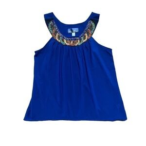 Women's Blue Rain Beaded neck line blue Blouse/Tank top. Size Small.